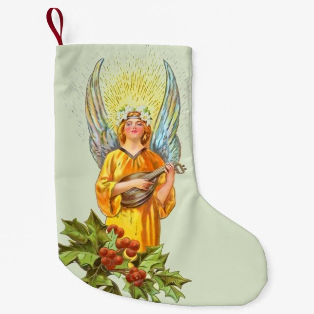 Engel mit Stechpalme und Mandoline  Kleiner Weihnachtsstrumpf (Vorderseite)