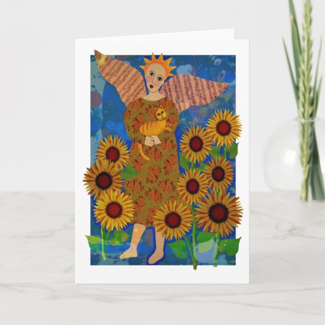 Engel mit Tabby Cat und Sonnenblumen (Vorderseite)