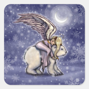 Engel reitet auf Eisbär Weihnachten Winter Kunst Quadratischer Aufkleber