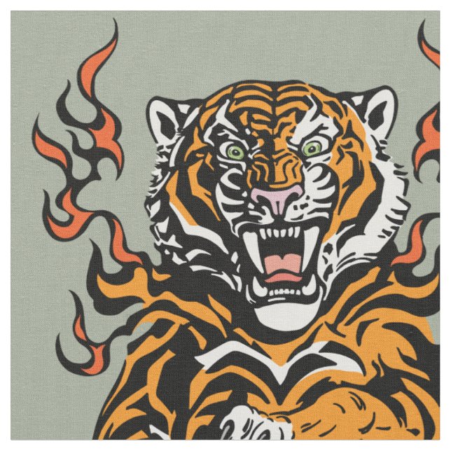 Engeliger Tiger in Flammenzungen Stoff (Nahaufnahme)