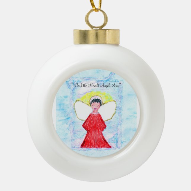 Engelschmuck "Little Brown Glitzer Angel" Keramik Kugel-Ornament (Vorderseite)