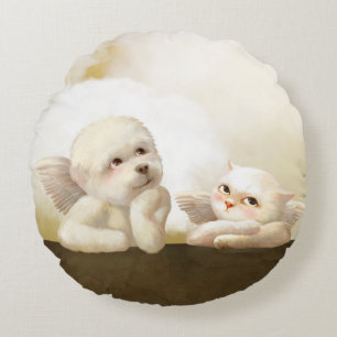 Engelsgleiches Duo: Lächelnder Bichon und Bao Bao  Rundes Kissen