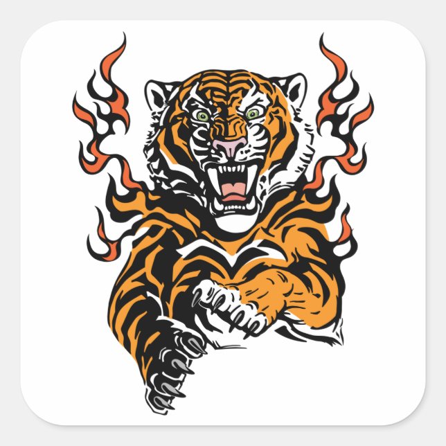 Enger Tiger in Zungen von Flammen Quadratischer Aufkleber (Vorderseite)