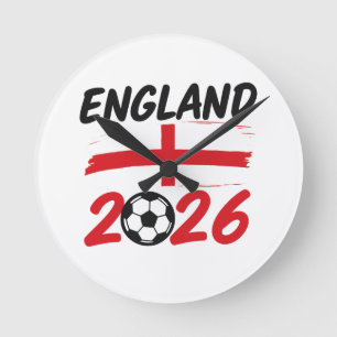 England 2026 Fußball Fan Design, Kreuz und Fußball Runde Wanduhr