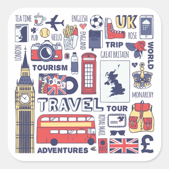 England Travel Doodles Quadratischer Aufkleber (Vorderseite)