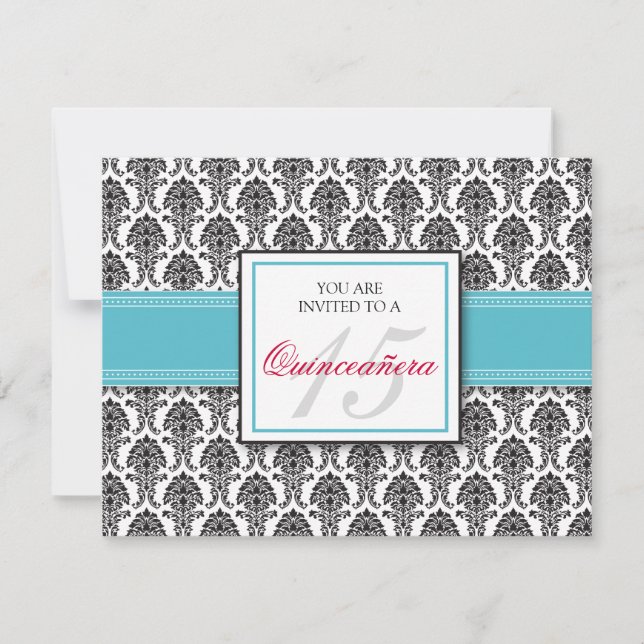 ENGLISCH Aqua Damask Quinceanera Einladung (Vorderseite)