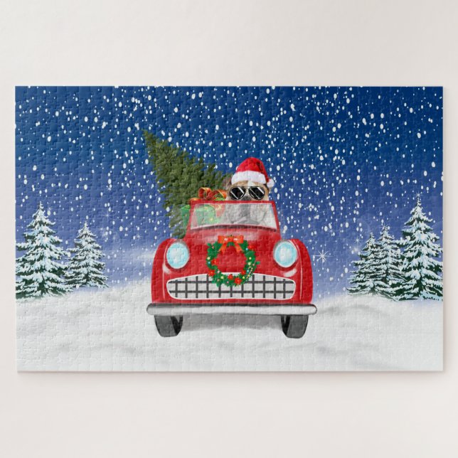 Englisch Bulldog Autofahren Auto in Schnee Weihnac (Horizontal)