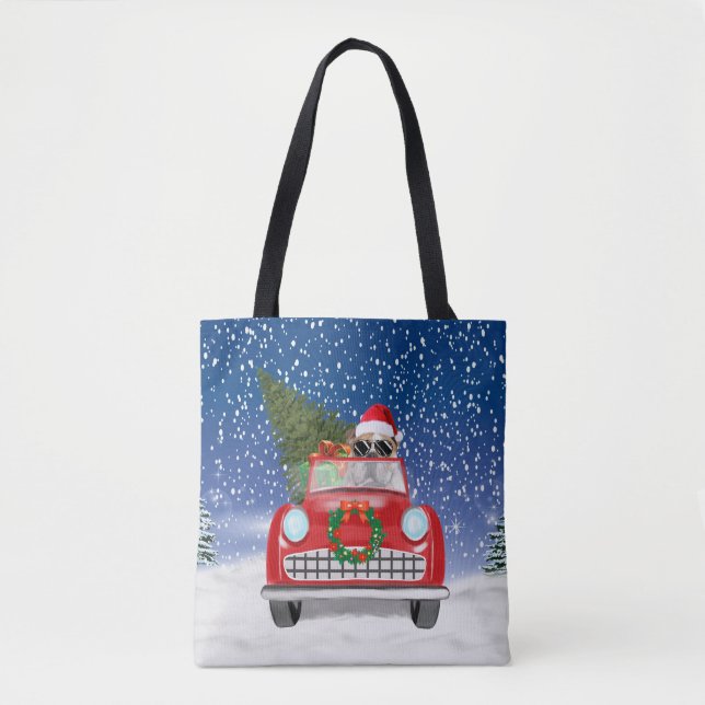 Englisch Bulldog Autofahren Auto in Schnee Weihnac Tasche (Vorderseite)