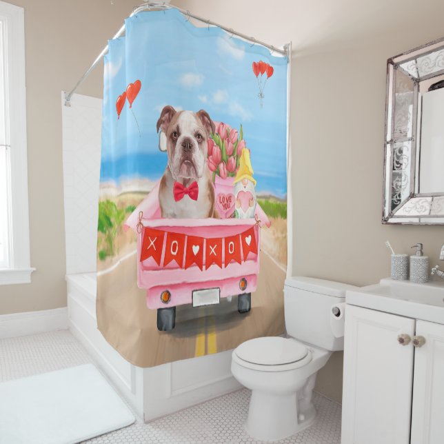 Englisch Bulldog Valentine's Day Lkw Herz Duschvorhang (Beispiel)