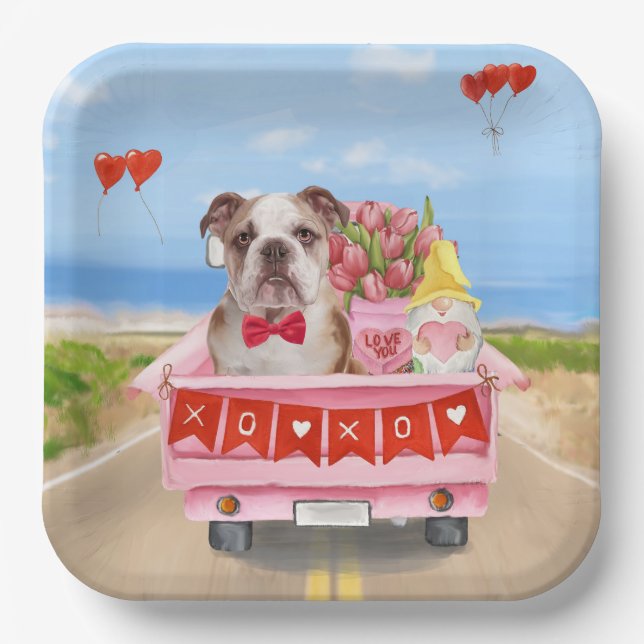 Englisch Bulldog Valentine's Day Lkw Herz Pappteller (Vorderseite)