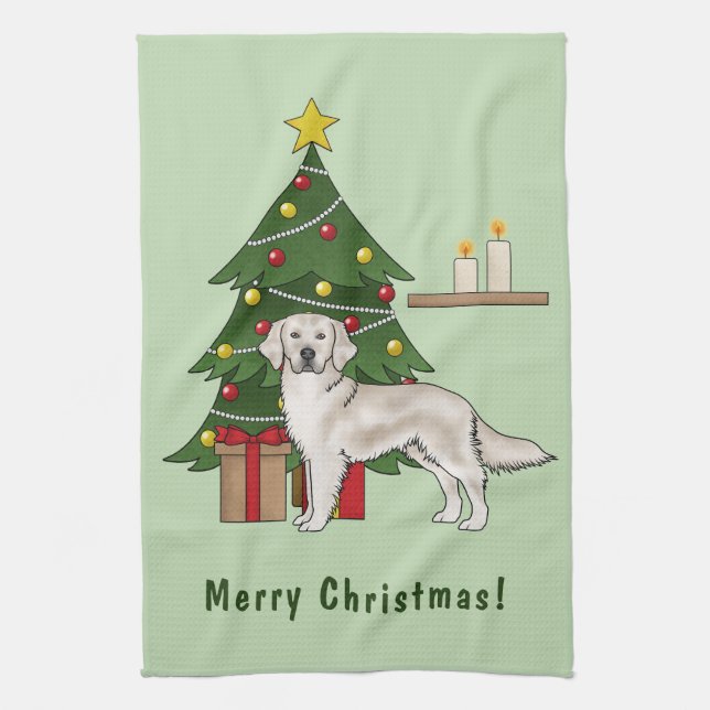 Englisch Cream Golden Retriever mit Weihnachtsbaum Geschirrtuch (Vertikal)