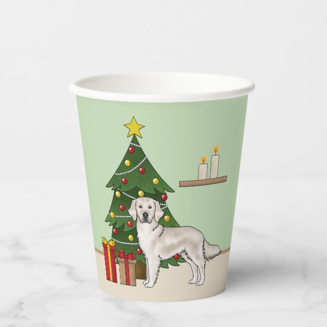 Englisch Cream Golden Retriever mit Weihnachtsbaum Pappbecher (Vorderseite)