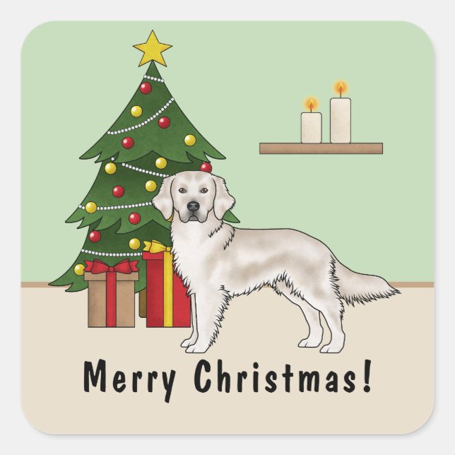 Englisch Cream Golden Retriever mit Weihnachtsbaum Quadratischer Aufkleber (Vorderseite)