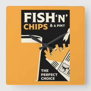 Englisch Fisch und Chips Quadratische Wanduhr