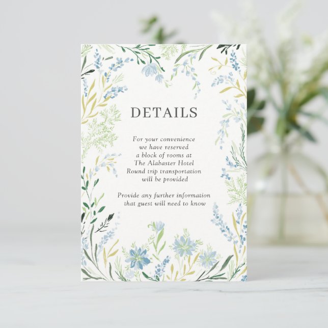 Englisch Meadow Delicate Blume Wedding Details Begleitkarte (Stehend Vorderseite)