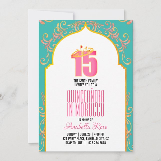 ENGLISCH morocco QUINCEAÑERA arabische Nächte PINK Einladung (Vorderseite)