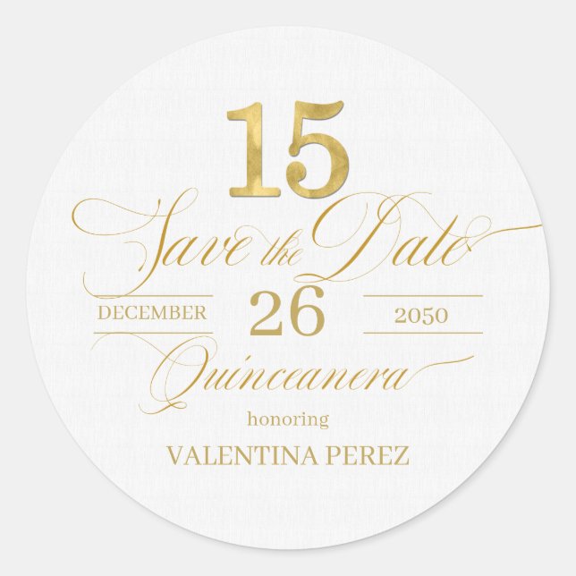 Englisch Quinceanera Save the Date in Gold Runder Aufkleber (Vorderseite)