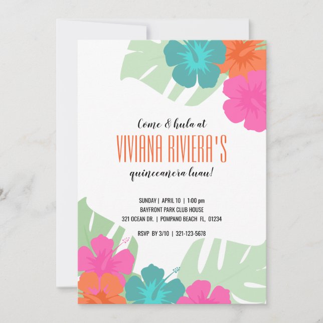 ENGLISCH Quinceañera TROPICAL LUAU hell blumenreic Einladung (Vorderseite)