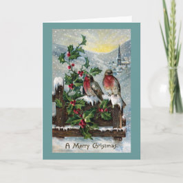 Englisch Robins on Fence Antique Christmas Feiertagskarte