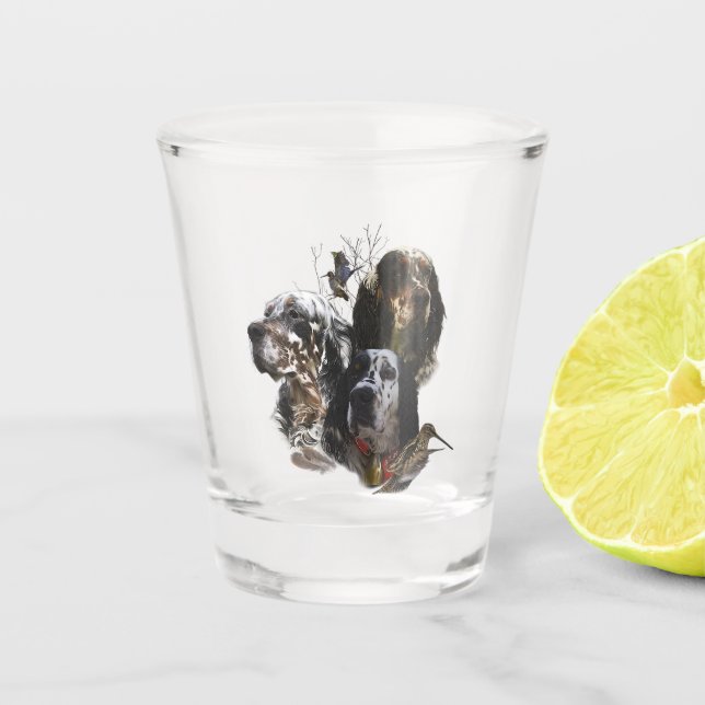 Englisch Setter, Holzhacken Schnapsglas (Vorderseite)