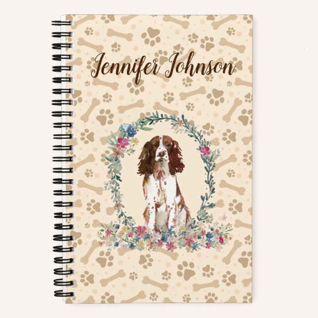 Englisch Springer Spanisch Dog Paw Print & Floral Notizbuch (Vorderseite)