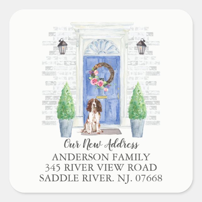 Englisch Springer Spanisch Door New Address Label Quadratischer Aufkleber (Vorderseite)