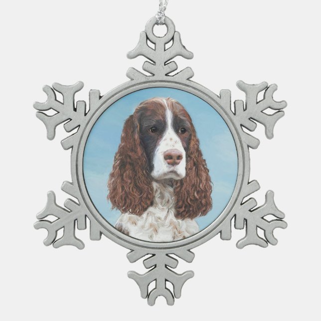 Englisch Springer Spanisch Malerei Original Dog Ar Schneeflocken Zinn-Ornament (Vorderseite)