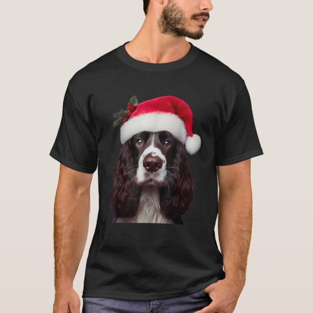 Englisch Springer Spanisch mit Weihnachtsmannmütze T-Shirt (Vorderseite)
