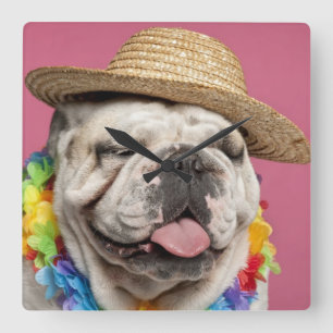 Englische Bulldogge (18 Monate alte) ein Stroh Quadratische Wanduhr