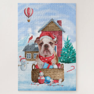 Englische Bulldogge im Schnee Weihnachtshundehaus