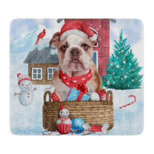 Englische Bulldogge im Schnee Weihnachtshundehaus Schneidebrett