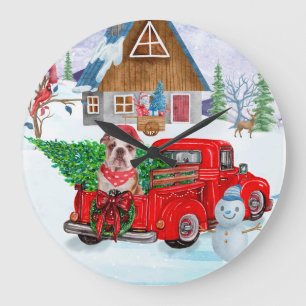 Englische Bulldogge in Weihnachts-Lieferwagen Schn Große Wanduhr