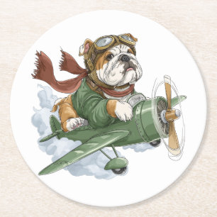 Englische Bulldogge Pilot Flugzeug Runder Pappuntersetzer