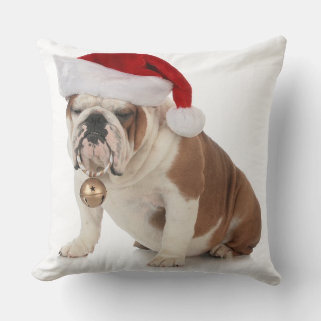 Englische Bulldoggen-tragende Weihnachtsmannmütze Kissen (Vorderseite)