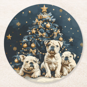 Englische Bulldoggen-Welpen zum Weihnachtsfest Runder Pappuntersetzer