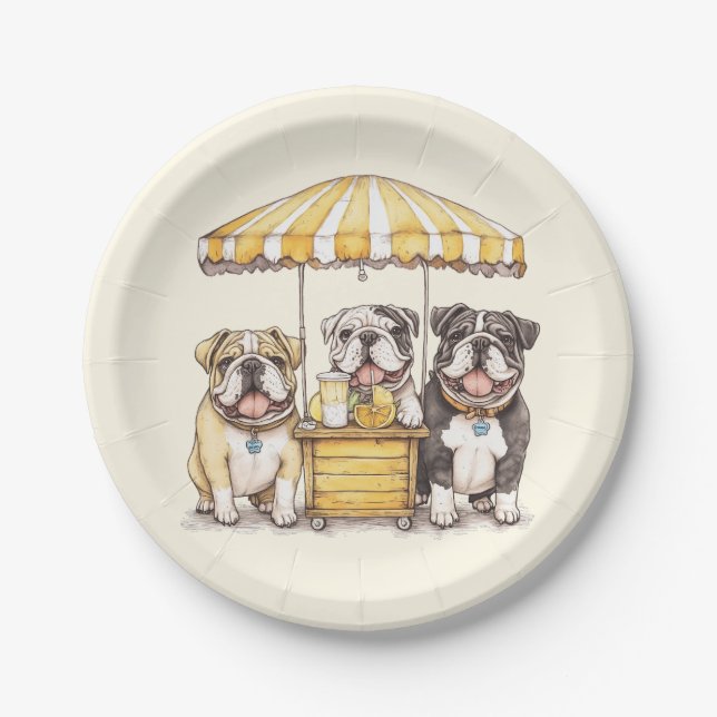 Englische Bullhunde laufen auf einer Limonade Pappteller (Vorderseite)