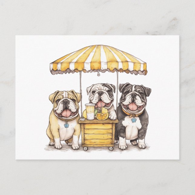 Englische Bullhunde laufen auf einer Limonade Postkarte (Vorderseite)