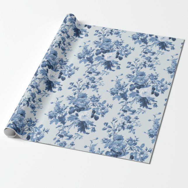 Englische Hütte Garden Floral Dusty Blue Pattern Geschenkpapier (Ungerollt)