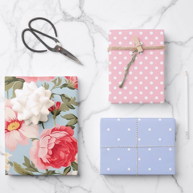 Englische Landschaft Blumengarten und Polka Dots Geschenkpapier Set (Vorderseite)