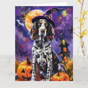 Englische Setter Hund Halloween Hexe und Kürbis Karte