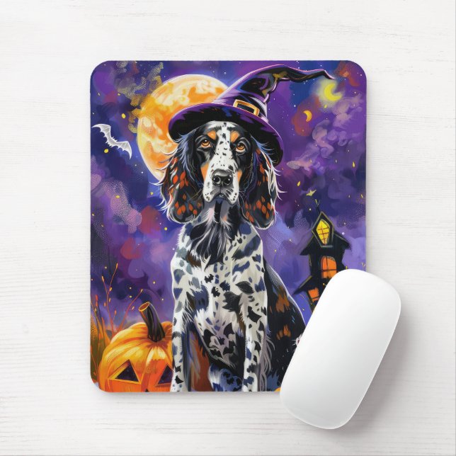 Englische Setter Hund Halloween Hexe und Kürbis Mousepad (Mit Mouse)