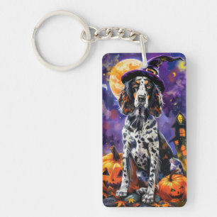 Englische Setter Hund Halloween Hexe und Kürbis Schlüsselanhänger