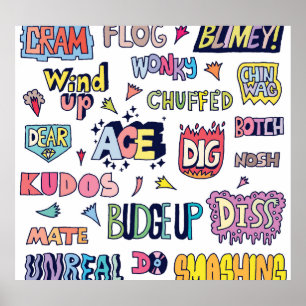Englische Wörter lang, doodle Buchstaben Poster
