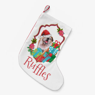 Englischer Bulldog mit seinem Weihnachtskranz Kleiner Weihnachtsstrumpf