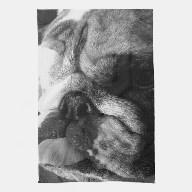 Englischer Bulldoggen-Schwarzweiss-Welpe Geschirrtuch (Vertikal)