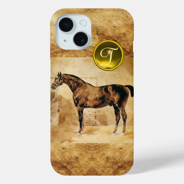 ENGLISCHER PFERD IM STABILEN BROWPARKIERMONOGRAM iPhone 15 HÜLLE (Rückseite)