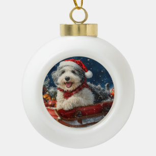 Englischer Schäferhund im Schlitten Lass es schnei Keramik Kugel-Ornament