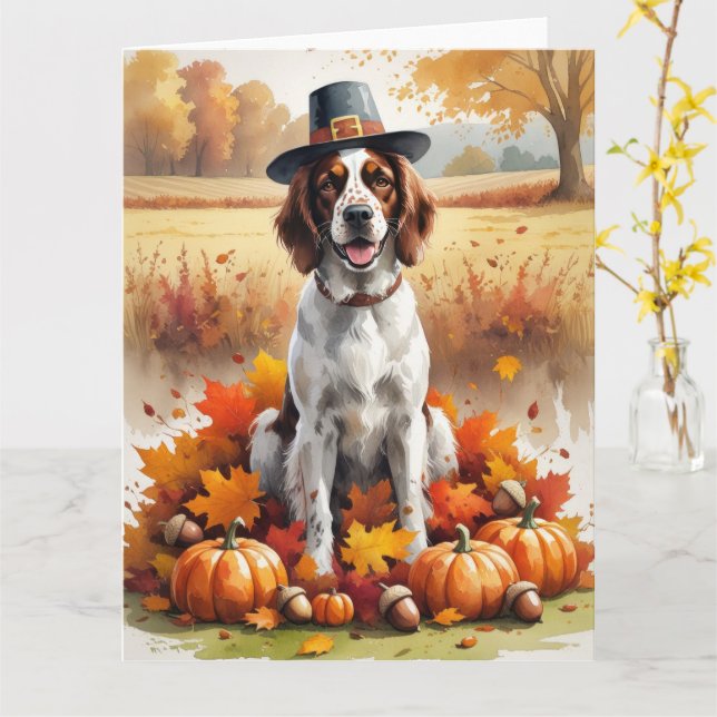 Englischer Setter im Herbst hinterlässt Erntedank  Karte (Gelbe Blume)