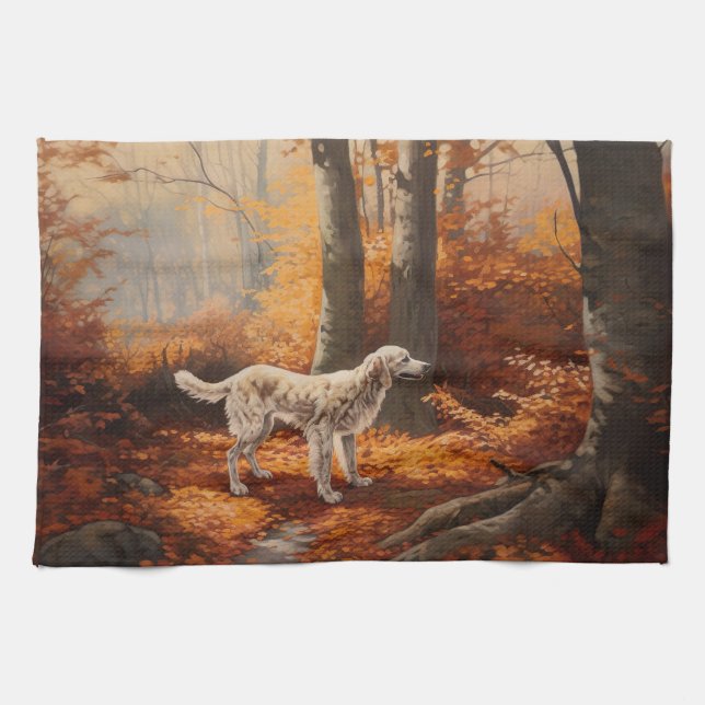 Englischer Setter im Herbst Leaves Fall Inspiriert Geschirrtuch (Horizontal)