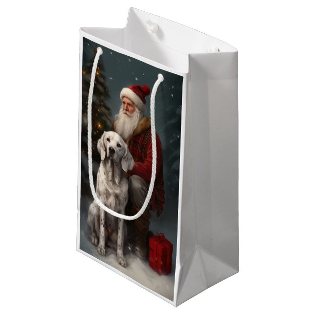 Englischer Setter mit Weihnachtsmann Weihnachten Kleine Geschenktüte (Vorderseite Schrägansicht)